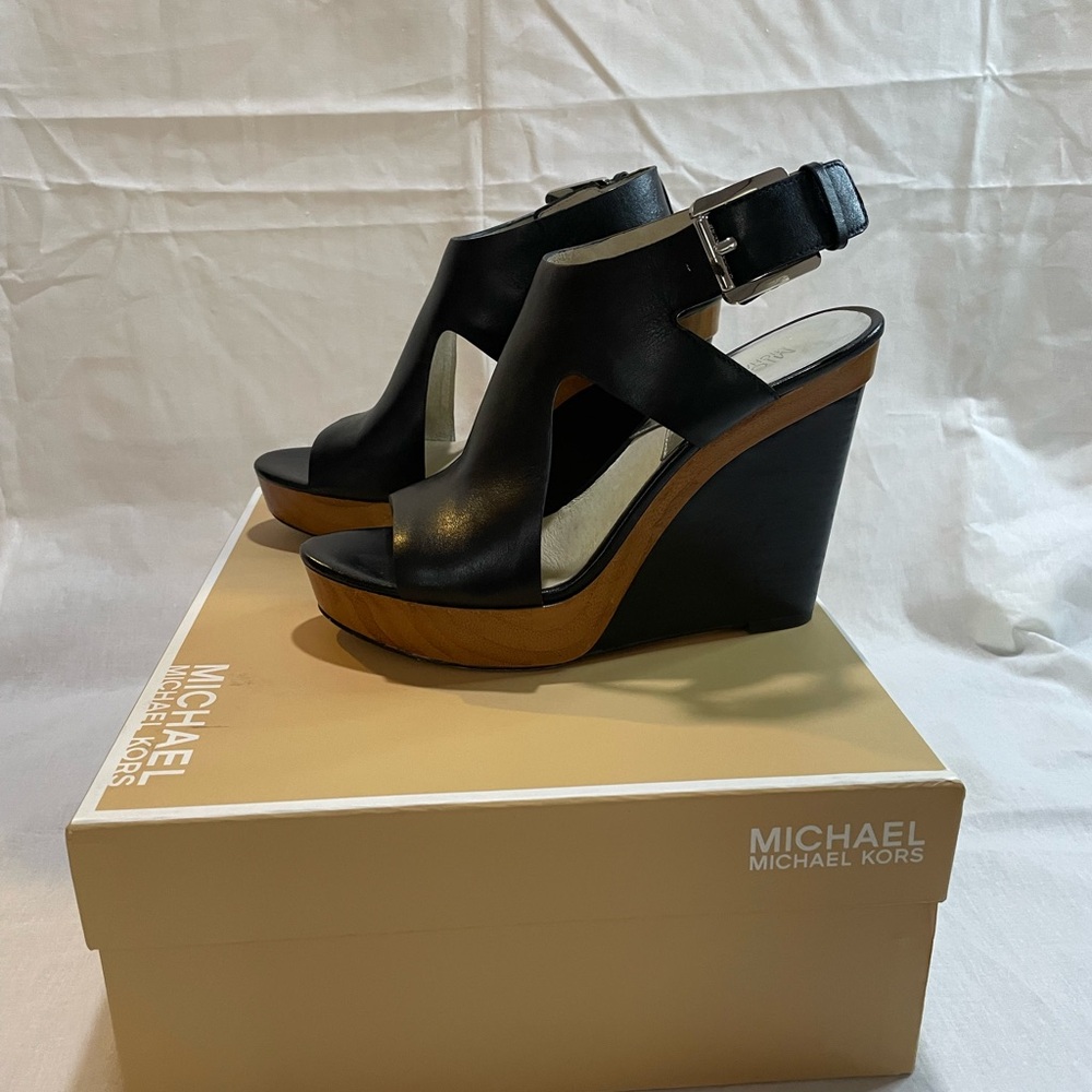 Michael Kors Black and Brown Wedge Sandals